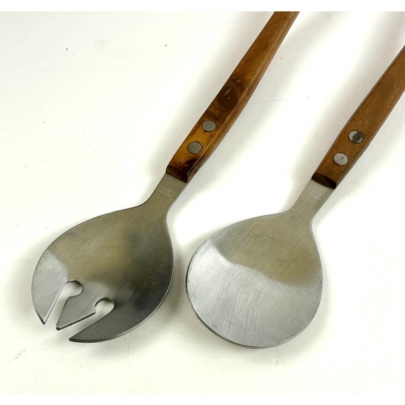Mid Century Modern Teak Wood Handle Salad Servers Fork And Spoon Set Stainless - Picture 3 of 9
